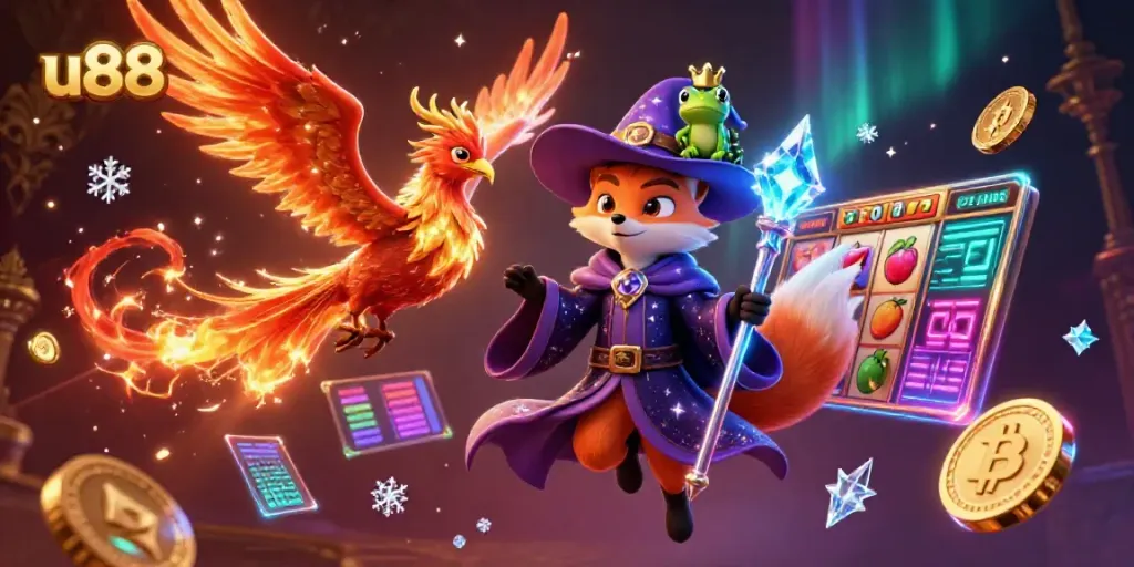 Experience exhilarating slot gameplay at u88 with a dazzling 3D mythical scene featuring a wizard fox and a phoenix.