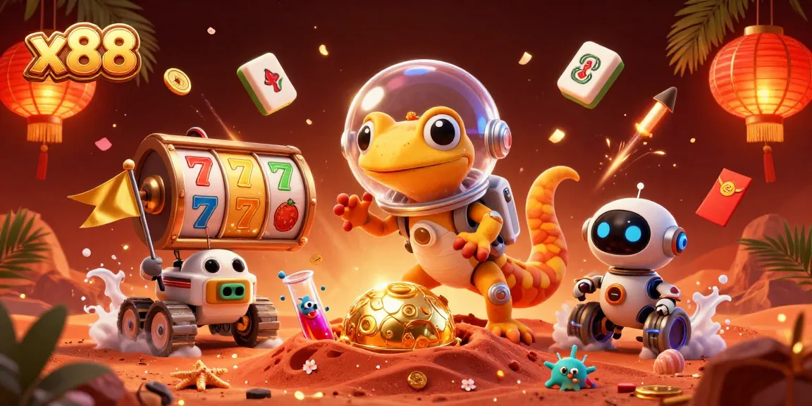 x88 spins into action at a vibrant casino with a Martian gecko, showcasing slots and festive gaming atmosphere.