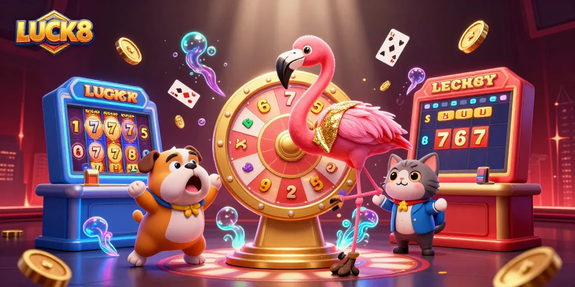 Spin the LUCK8 prize wheel and win with vibrant slots and excited bulldog contestant!