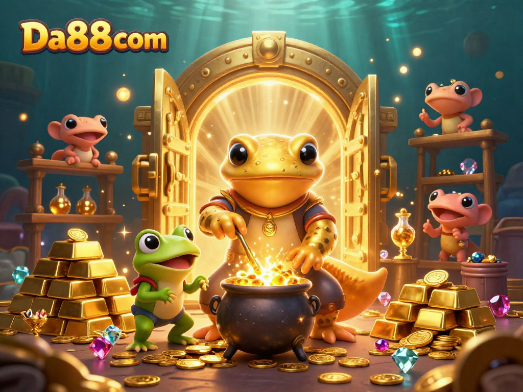 Engage with the magic of Da88 com as a golden salmander transforms metals into winning coins amidst shimmering treasures.