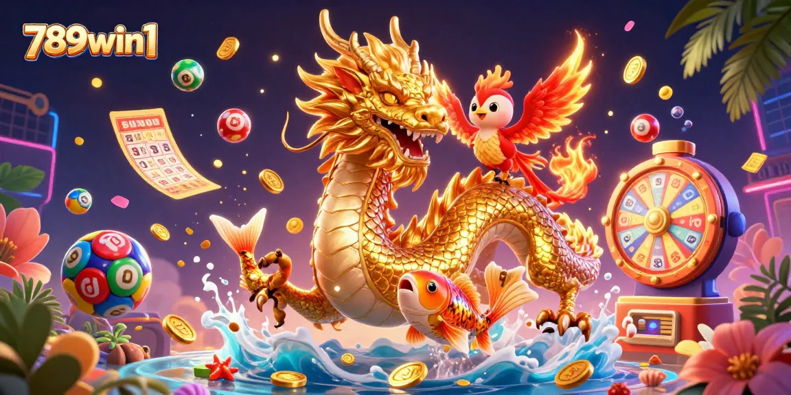 Engage with thrilling games at 789win1, featuring a dynamic scene with a dragon, phoenix, and koi fish.
