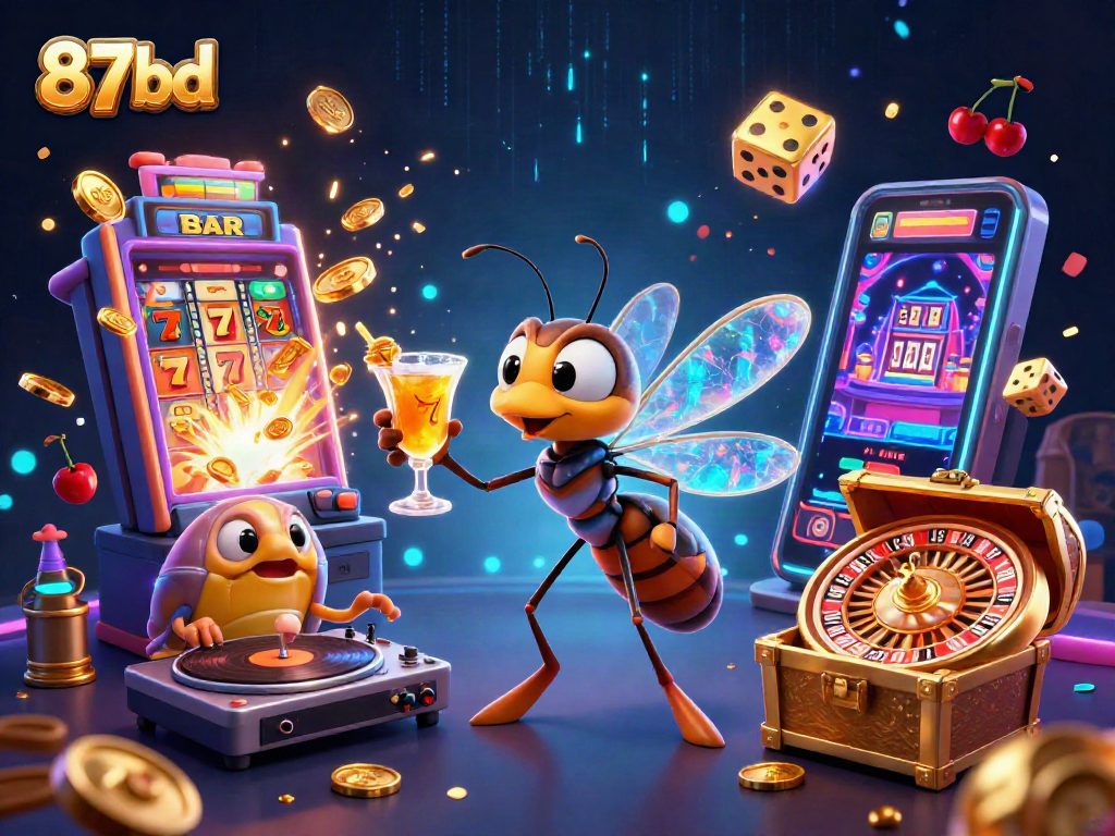 Spin and win with 87bd's vibrant casino scene featuring a unique frozen mosquito mascot.