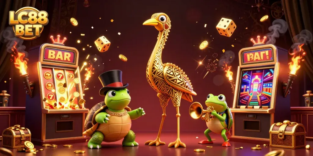 Experience the thrill with LC88 BET amidst colorful casino games and animated characters.