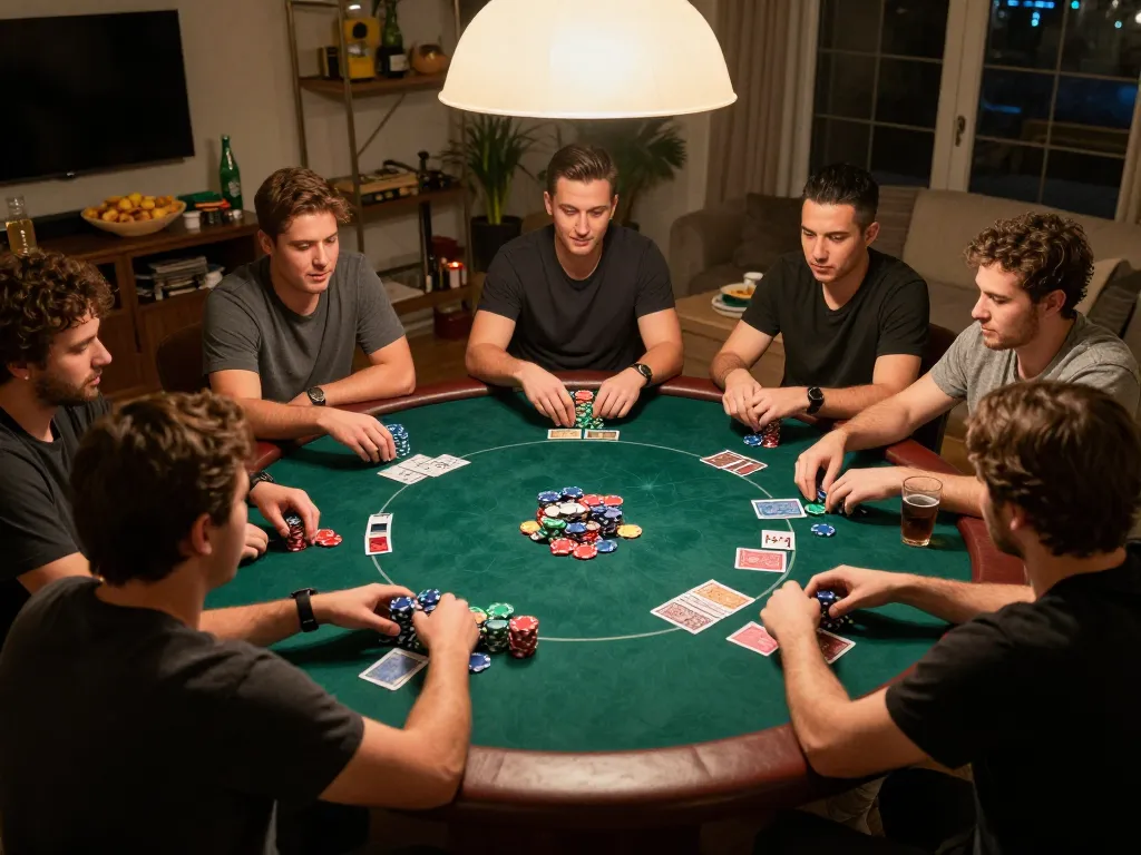 Engage in a vibrant poker night at home with friends over 79king games, featuring colorful chips and lively atmosphere.