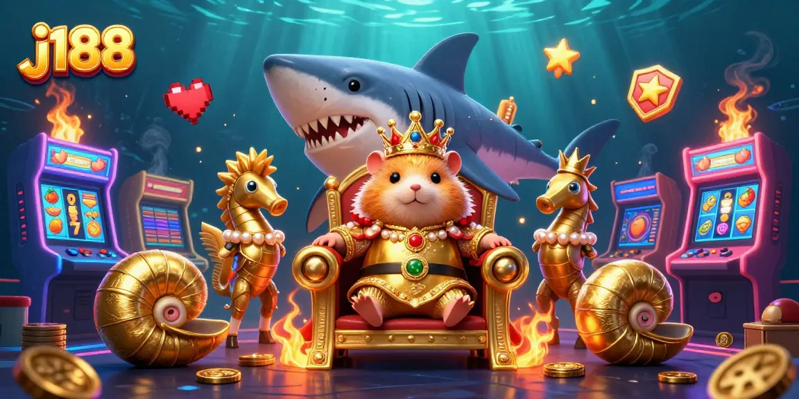 Experience the j188 casino adventure with a fierce hamster king and vibrant slot machines.