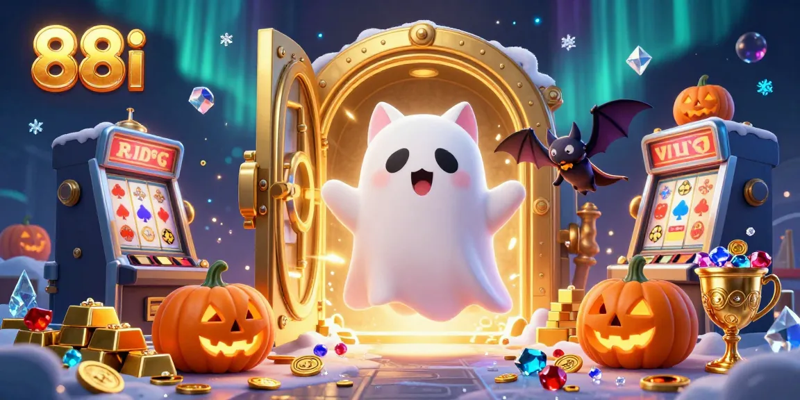 Experience the dynamic thrill of 88i in this vibrant digital casino illustration featuring a ghost cat and vampire bat.