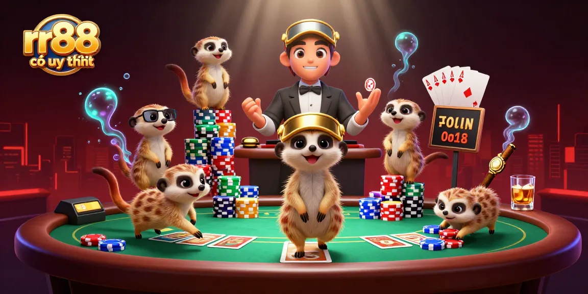 Experience thrilling action at rr88 có uy tín casino with busy meerkats at a vibrant poker table.