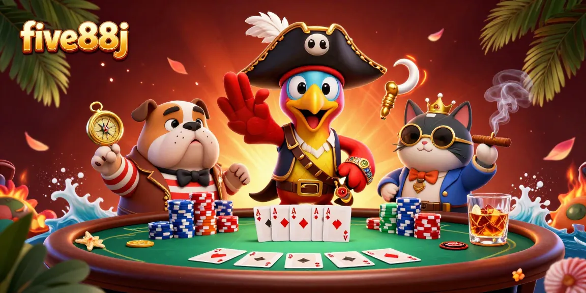 Engage with five88j's thrilling poker action featuring a dynamic pirate crew and vibrant casino elements.