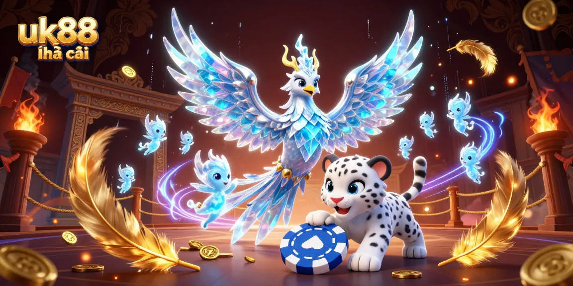 Play and win at uk88 nhà cái with vibrant casino-themed fantasy illustrations featuring an ice phoenix and playful characters.