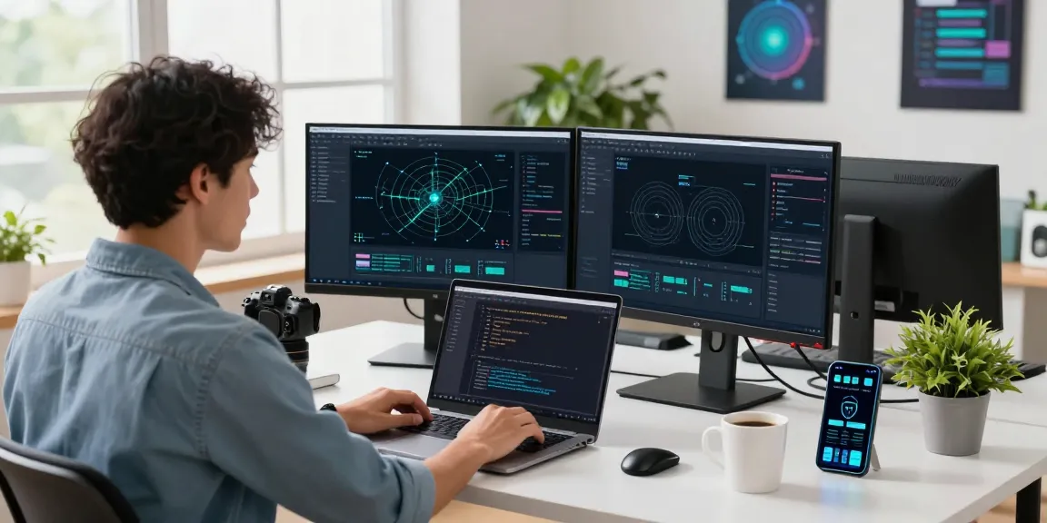 快连 network acceleration setup featuring dynamic tech workspace with dual monitors and coding software.