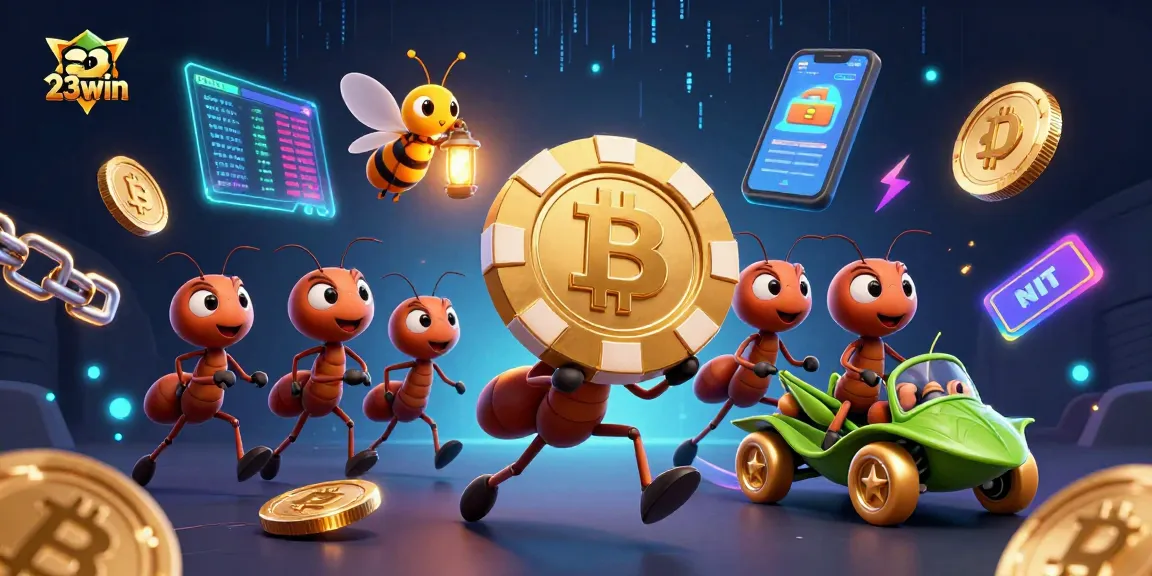 Engage with 23win's thrilling world as ants run a heist with a giant poker chip amidst crypto coins and gaming elements.