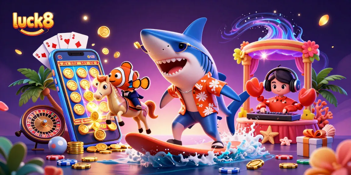 Experience luck8's thrilling casino action with a shark riding coins and vibrant game elements.